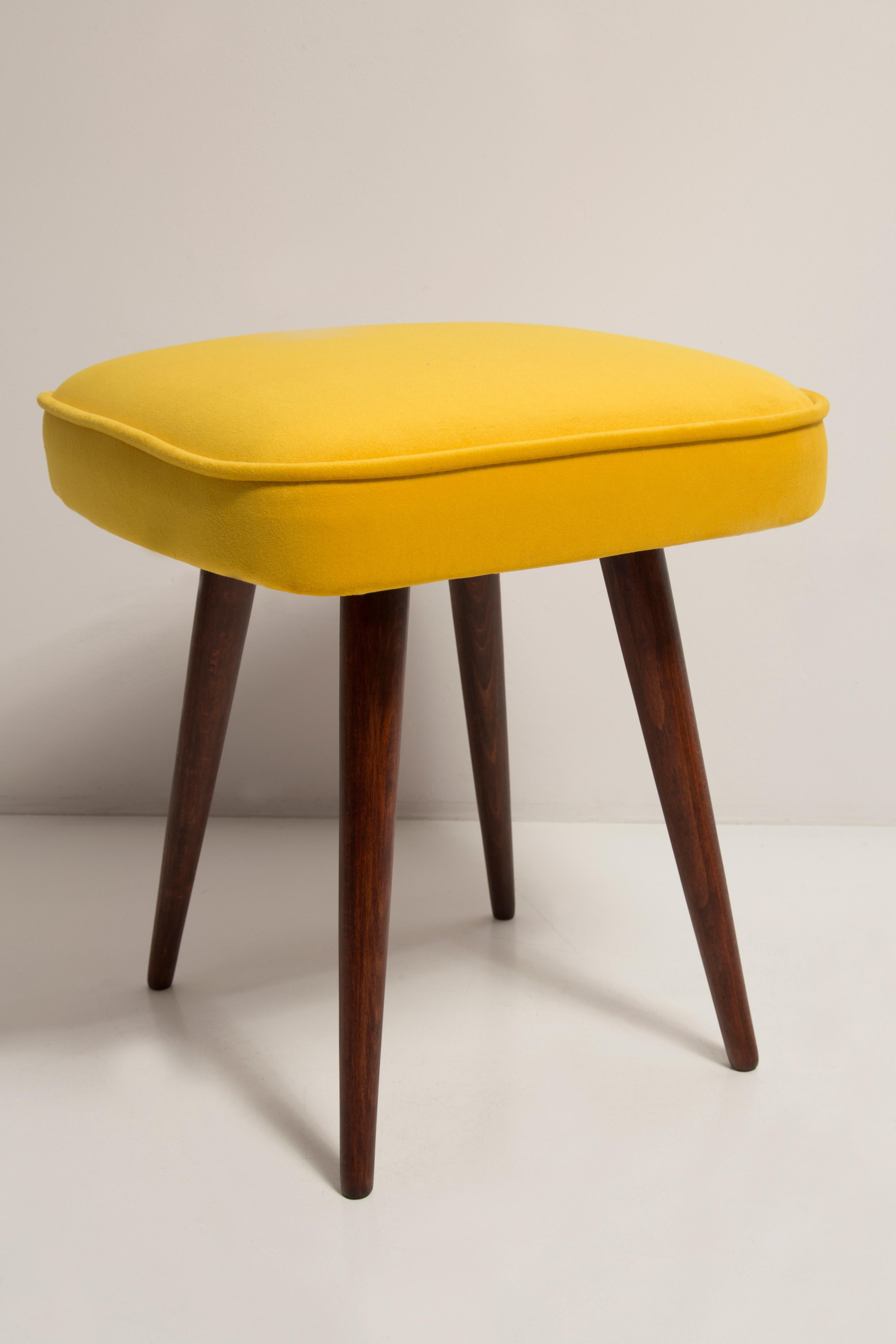 Mid-Century Modern Mid-Century Mustard Yellow Velvet Foot Stool, Poland, 1960s For Sale