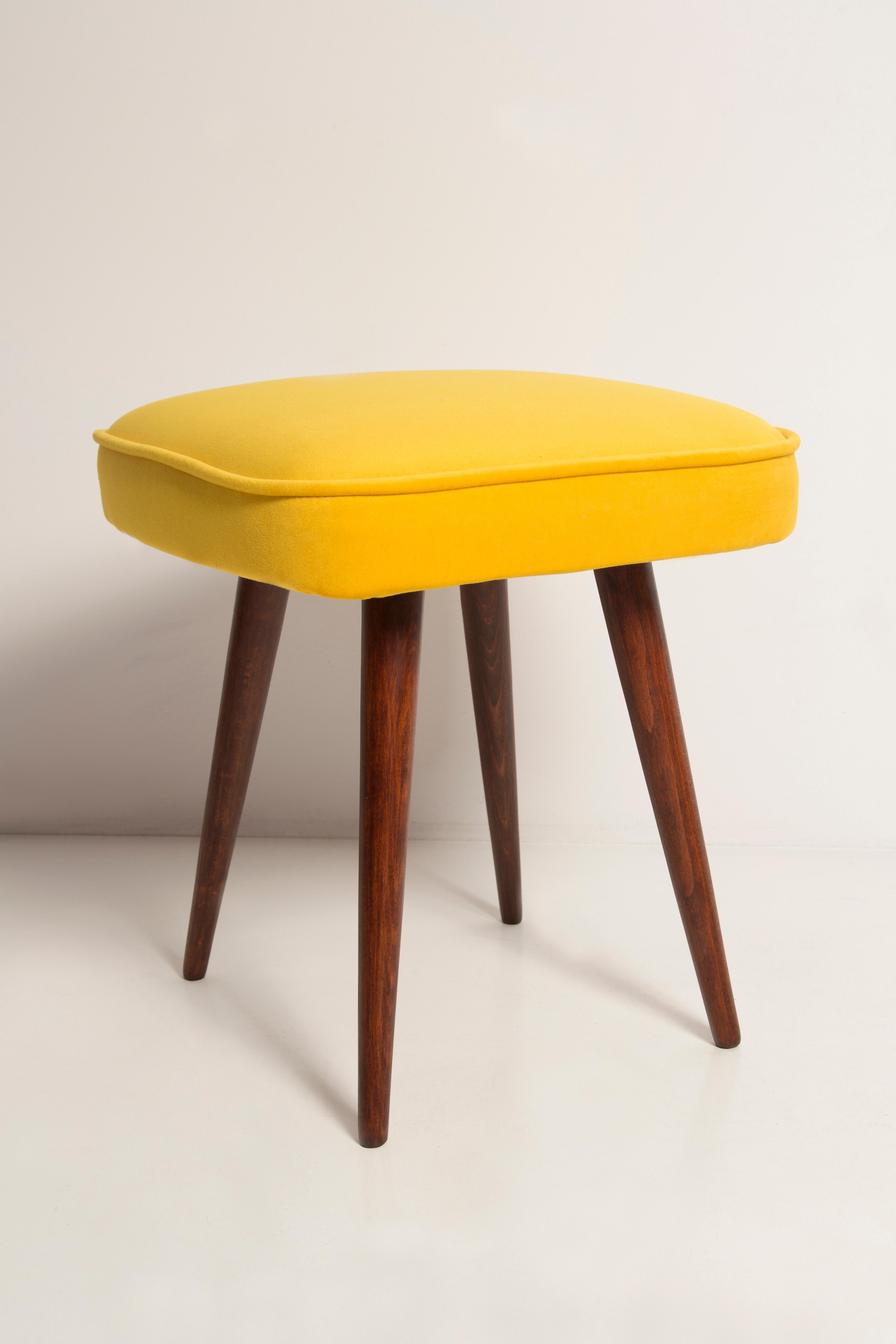 Polish Mid-Century Mustard Yellow Velvet Foot Stool, Poland, 1960s For Sale