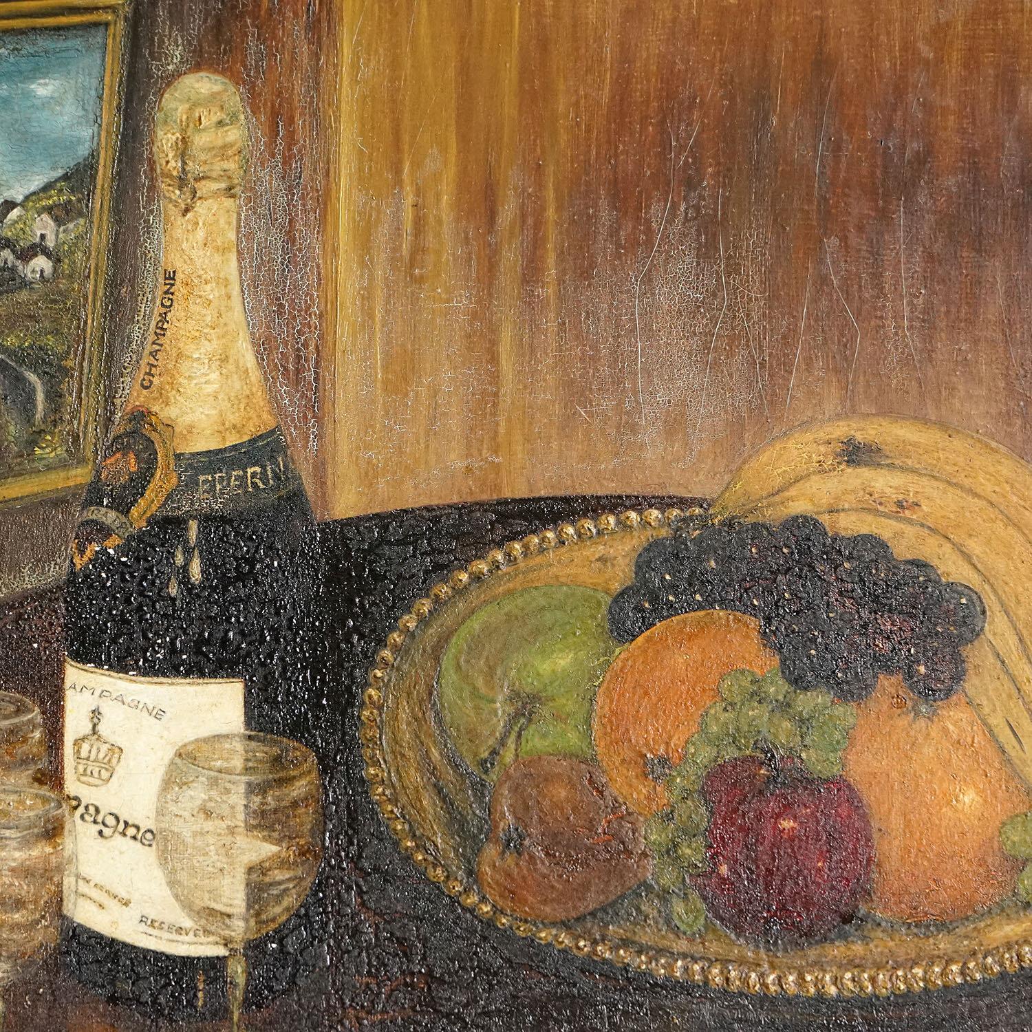 Mid-Century Naive Still Life Depicting Champagne and Cigarettes, Vintage Oil In Good Condition In Bristol, GB