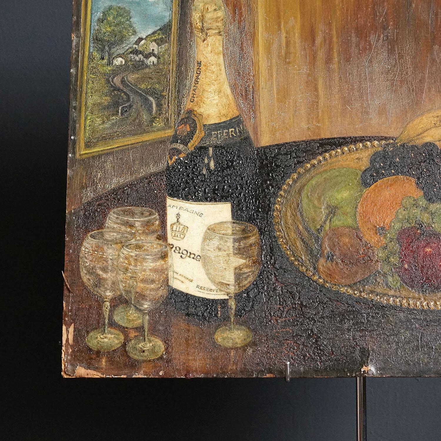 20th Century Mid-Century Naive Still Life Depicting Champagne and Cigarettes, Vintage Oil