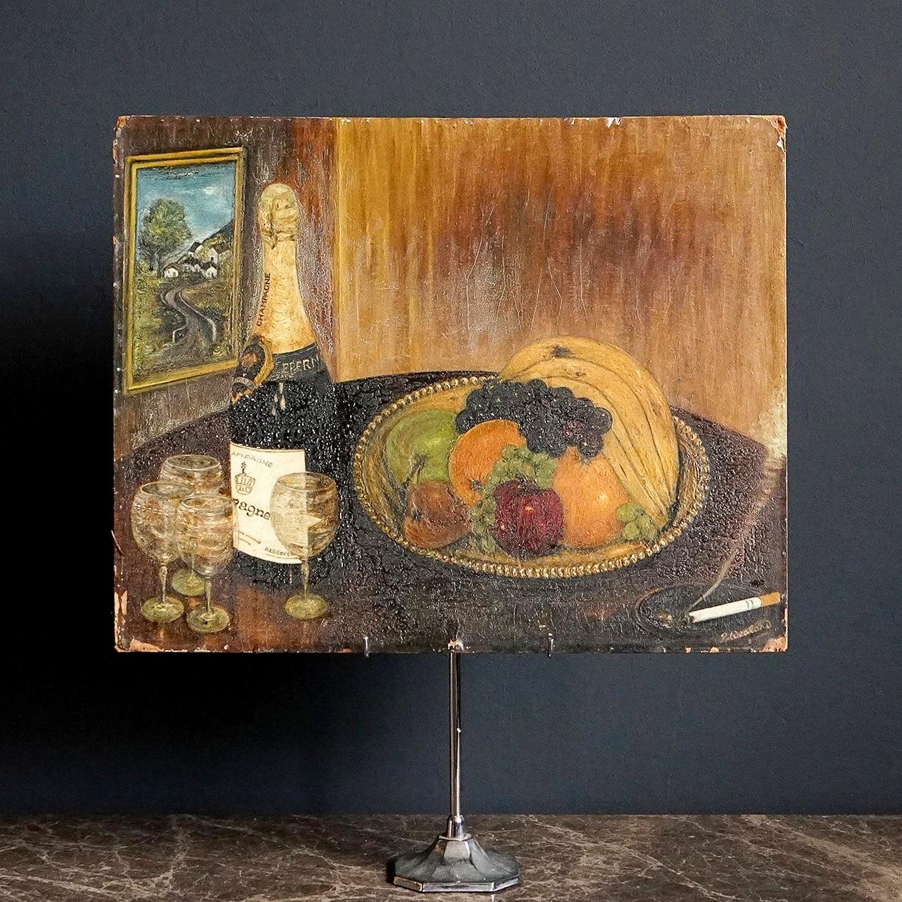 French Mid-Century Naive Still Life Depicting Champagne and Cigarettes, Vintage Oil