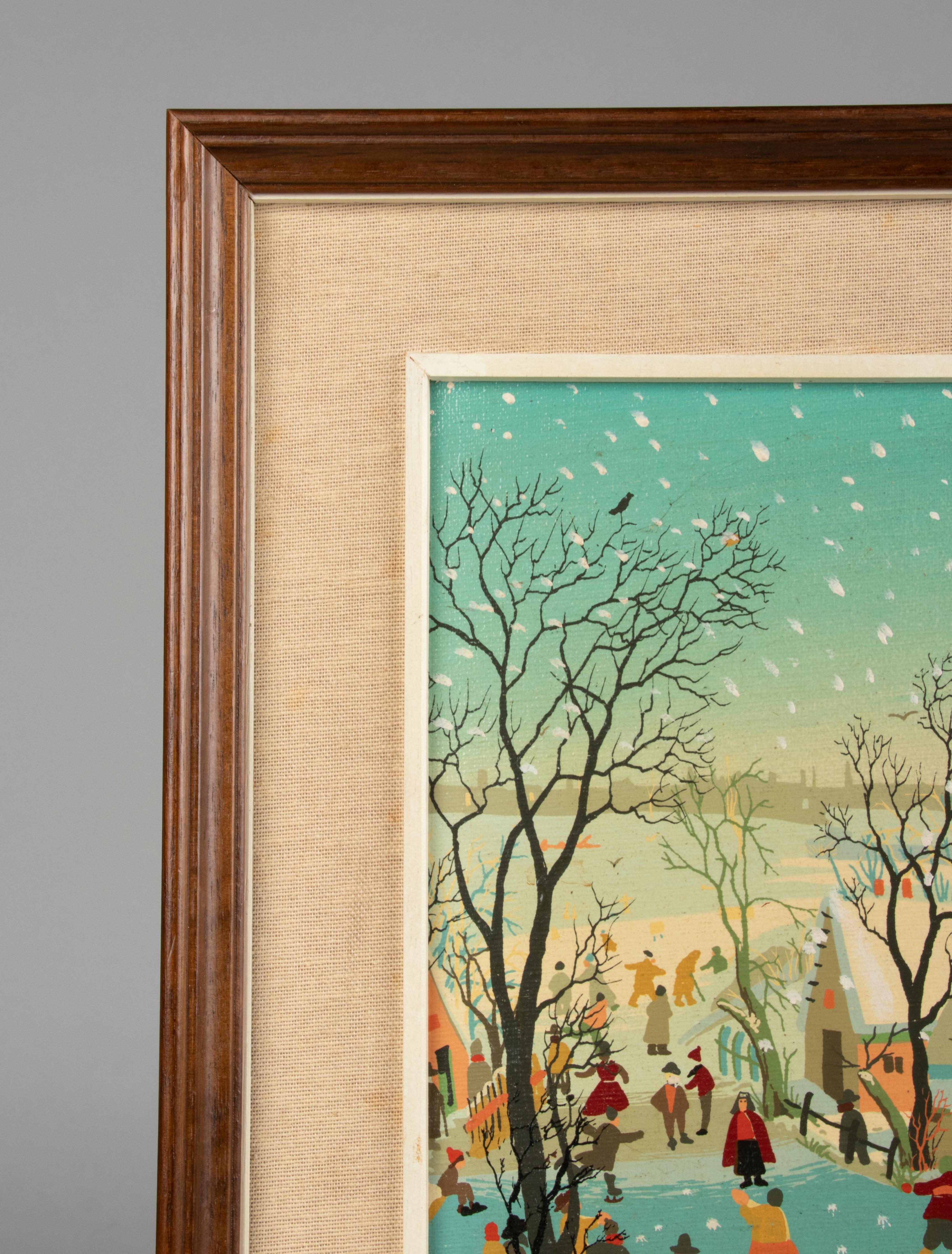 Mid Century Naive Winter Landscape Painting Ice Scating For Sale 10