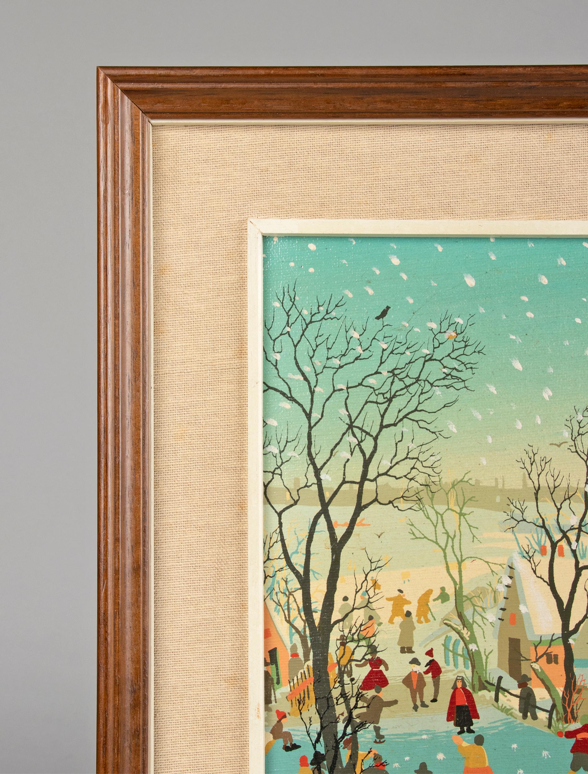 Mid Century Naive Winter Landscape Painting Ice Scating For Sale 11