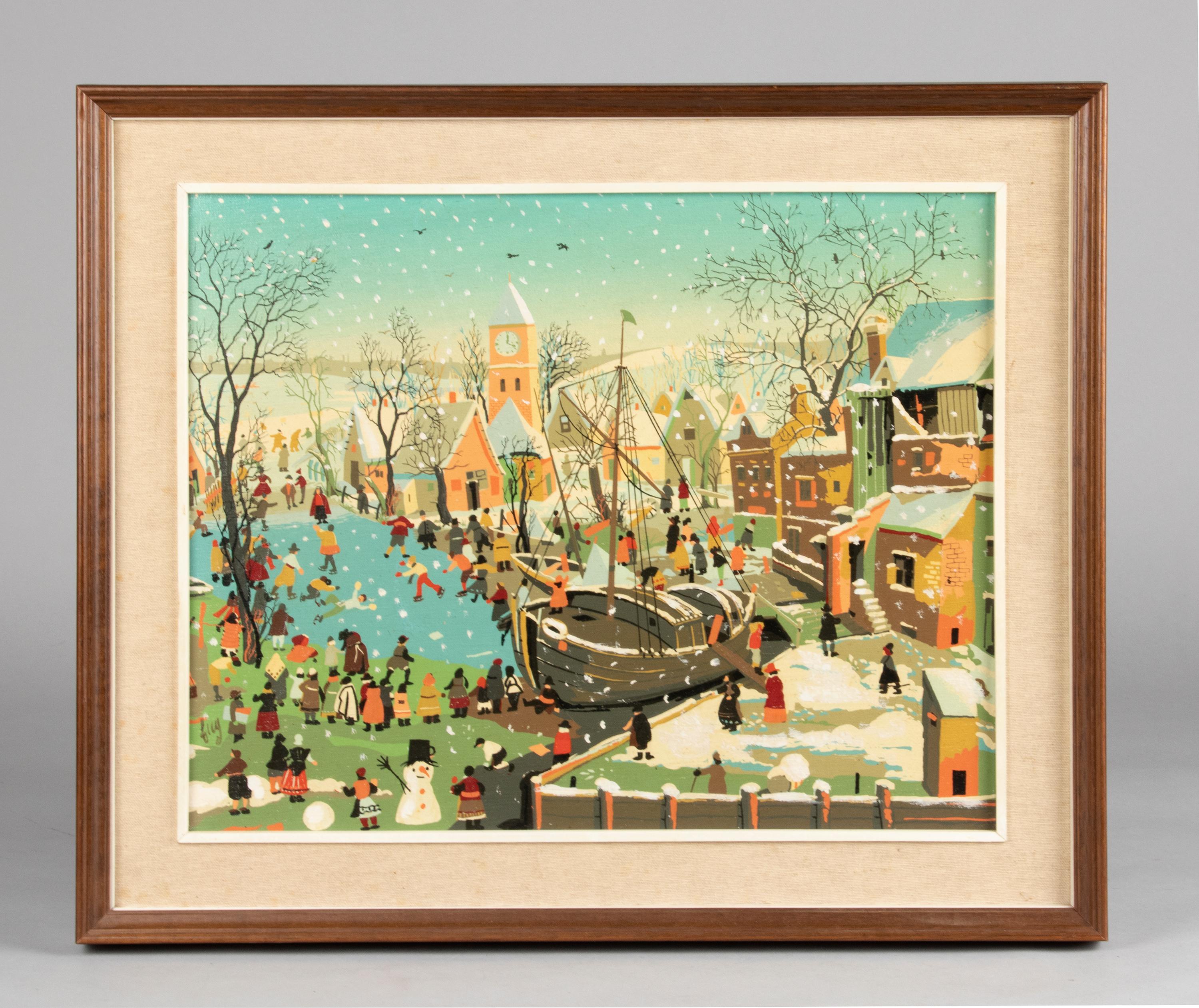 A naive painting of a winter landscape with ice skaters, in the style of the 17th century Renaissance painter Pieter Brueghel. This painting shows ice skaters of all sorts enjoying a day on a frozen river during a harsh winter. It is painted with