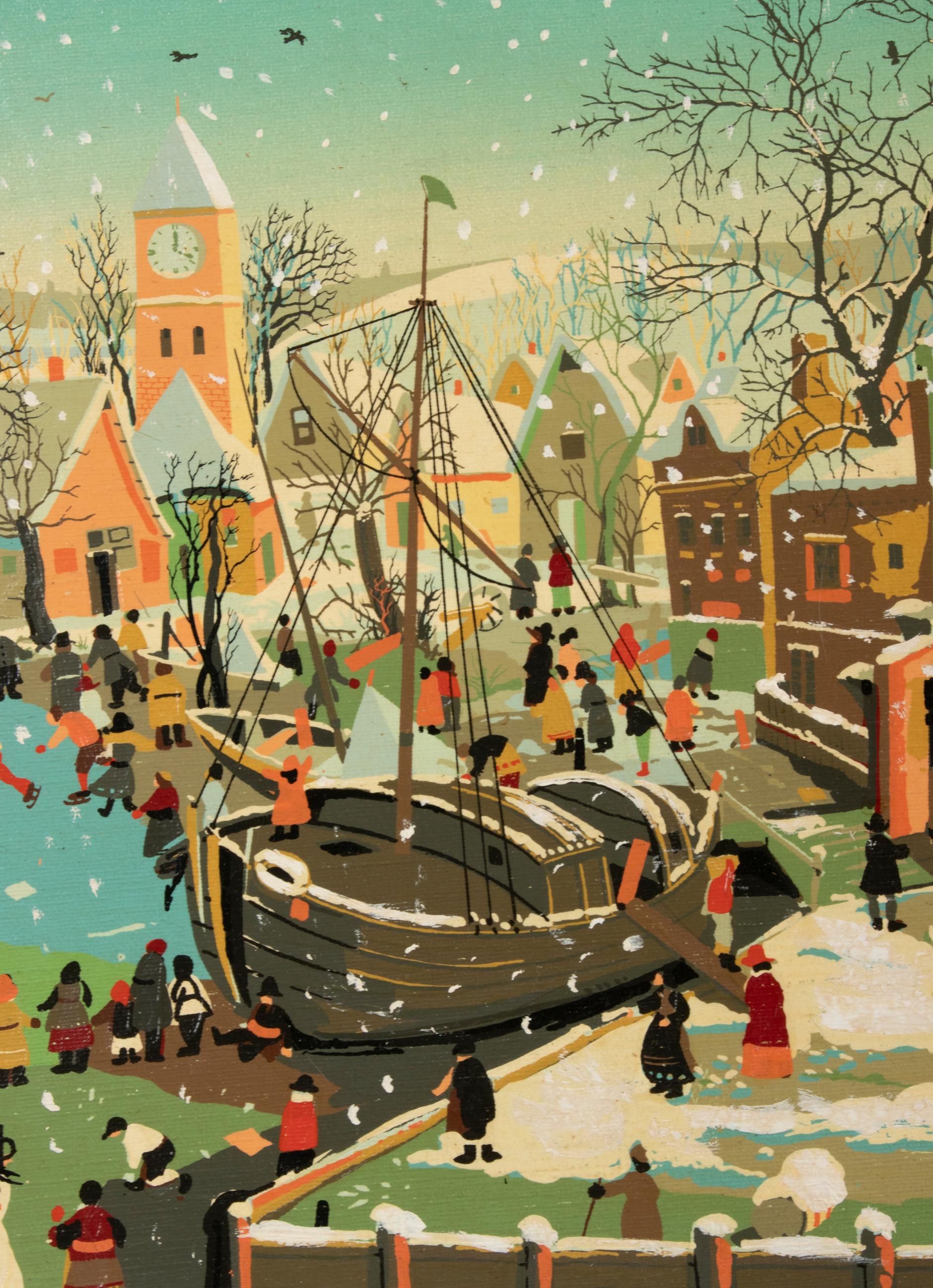 Néerlandais Mid Century Naive Winter Landscape Painting Ice Scating (peinture de paysage hivernal naïf du milieu du siècle dernier) en vente