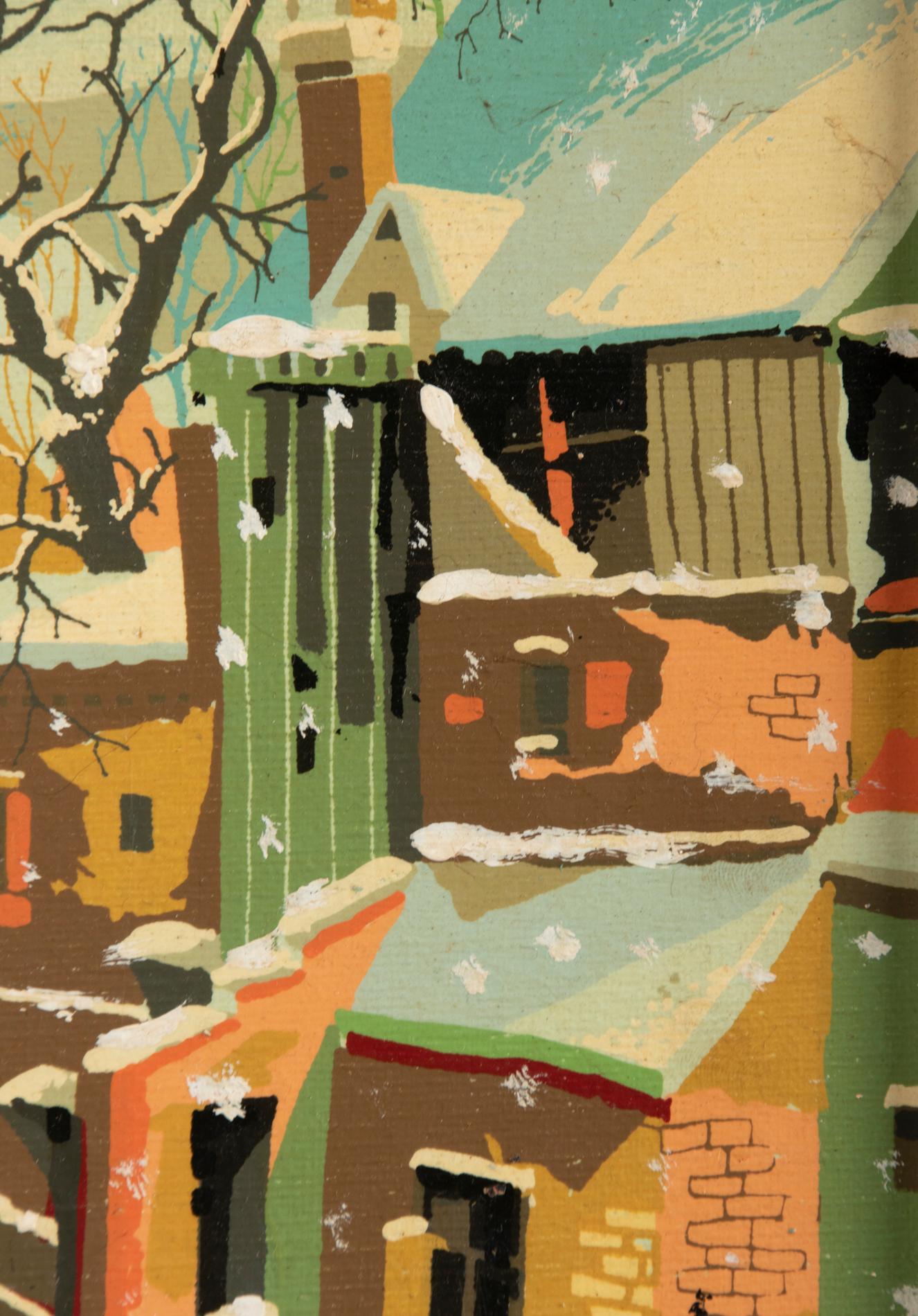 Mid Century Naive Winter Landscape Painting Ice Scating (peinture de paysage hivernal naïf du milieu du siècle dernier) Bon état - En vente à Casteren, Noord-Brabant