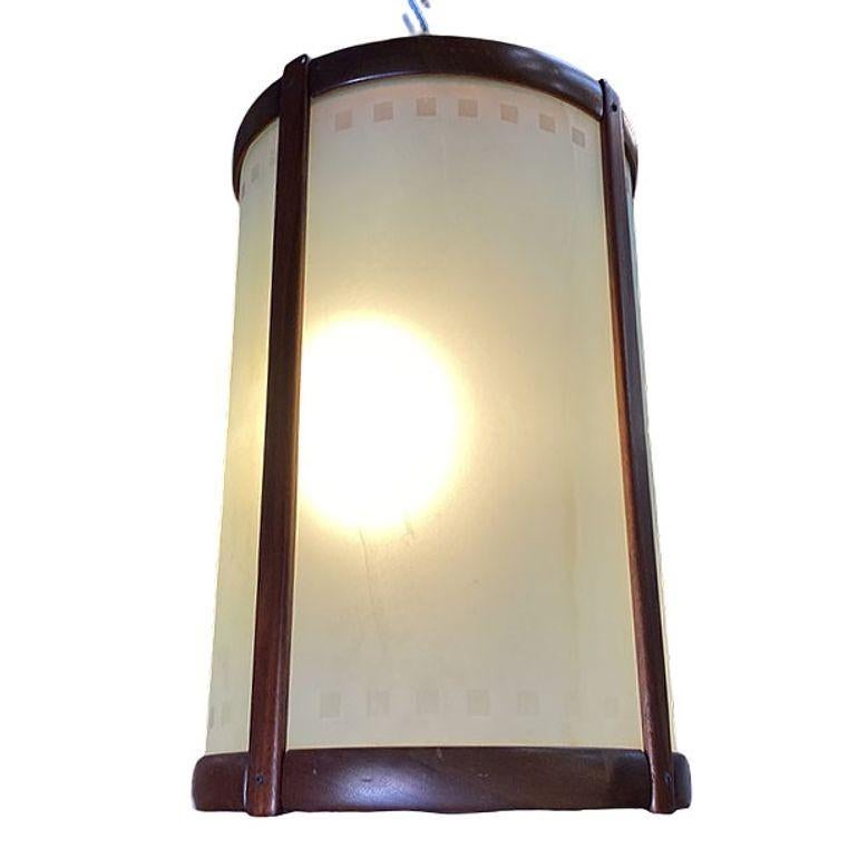 Mid-century Nakashima Style Teak Cylinder Pendnat w/ Frosted Shade, 3 Available For Sale 3