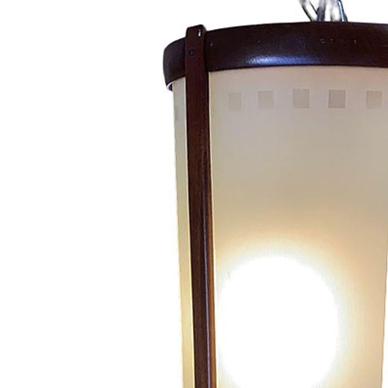 Mid-century Nakashima Style Teak Cylinder Pendnat w/ Frosted Shade, 3 Available For Sale 4