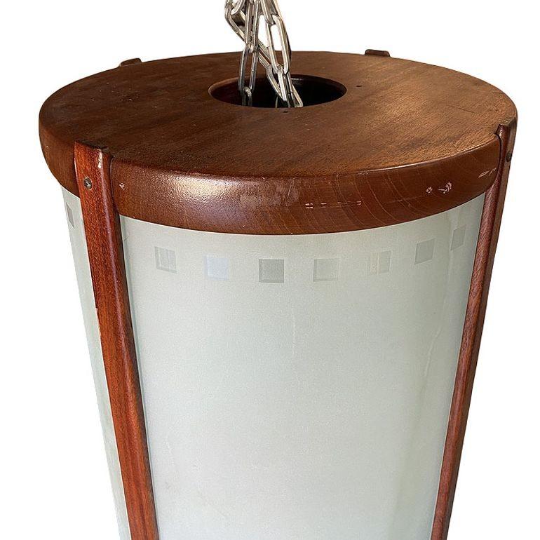 Mid-Century Modern Mid-century Nakashima Style Teak Cylinder Pendnat w/ Frosted Shade, 3 Available For Sale