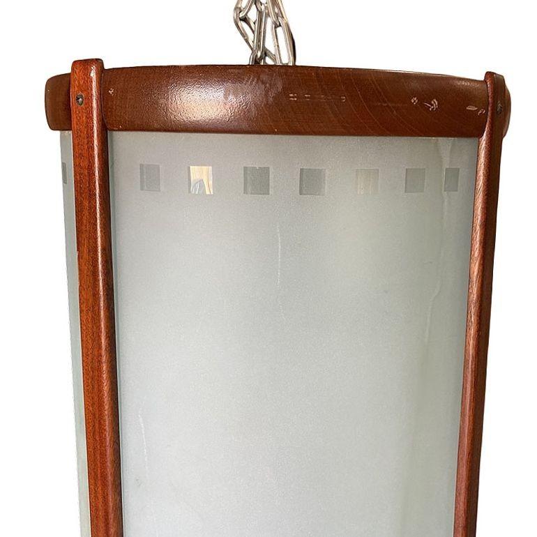 American Mid-century Nakashima Style Teak Cylinder Pendnat w/ Frosted Shade, 3 Available For Sale