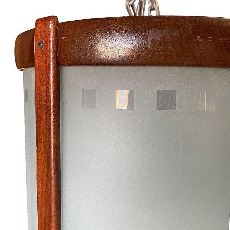 Mid-century Nakashima Style Teak Cylinder Pendnat w/ Frosted Shade, 3 Available In Excellent Condition For Sale In Van Nuys, CA