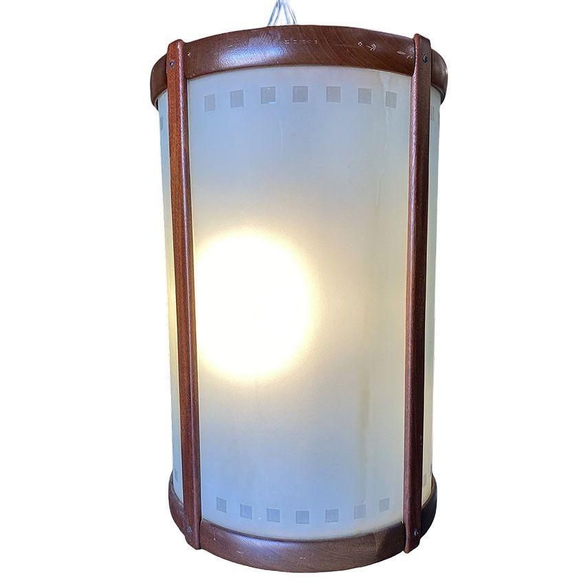 Glass Mid-century Nakashima Style Teak Cylinder Pendnat w/ Frosted Shade, 3 Available For Sale