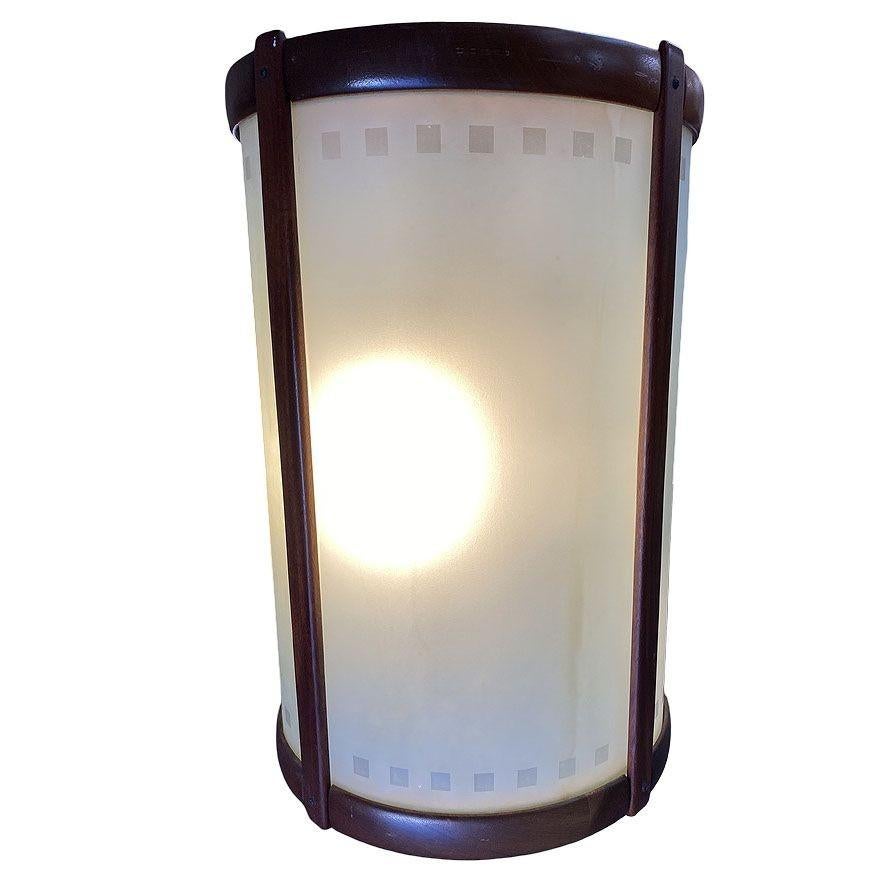 Mid-century Nakashima Style Teak Cylinder Pendnat w/ Frosted Shade, 3 Available For Sale 1