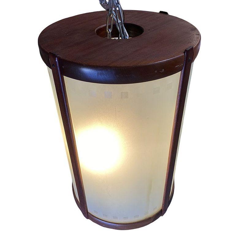 Mid-century Nakashima Style Teak Cylinder Pendnat w/ Frosted Shade, 3 Available For Sale 2