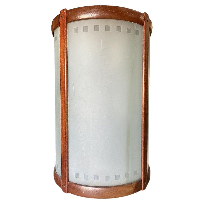 Mid-century Nakashima Style Teak Cylinder Pendnat w/ Frosted Shade, 3 Available For Sale