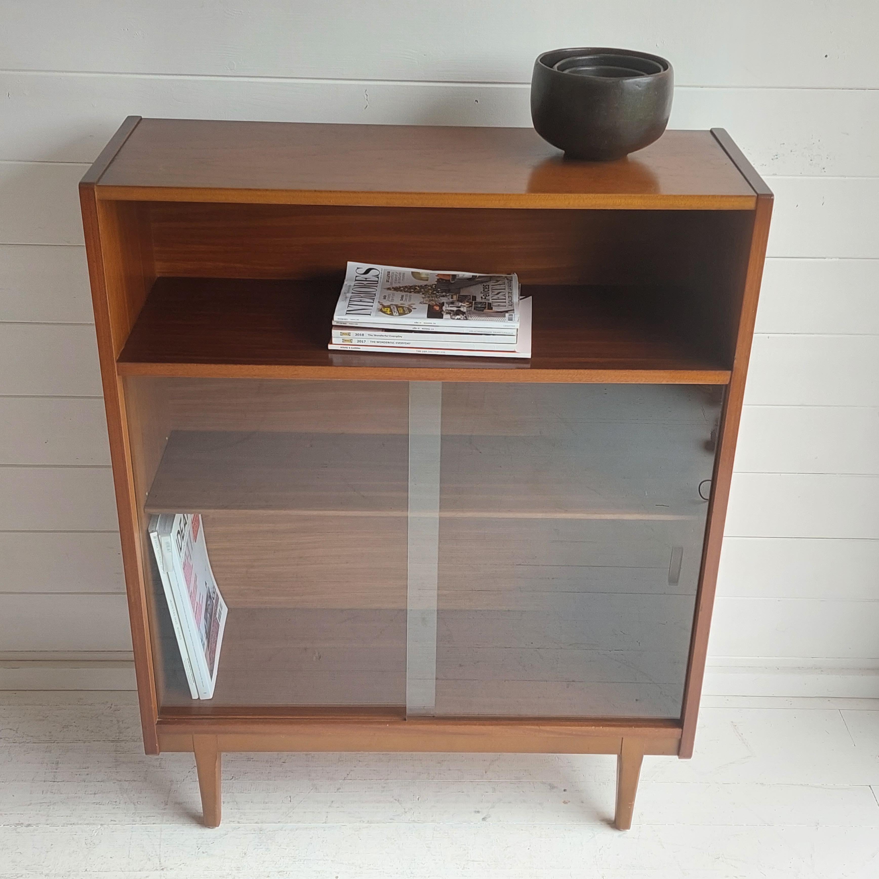 British Midcentury Nathan Teak Glazed Bookcase Display Unit Cabinet Danish Style, 60s