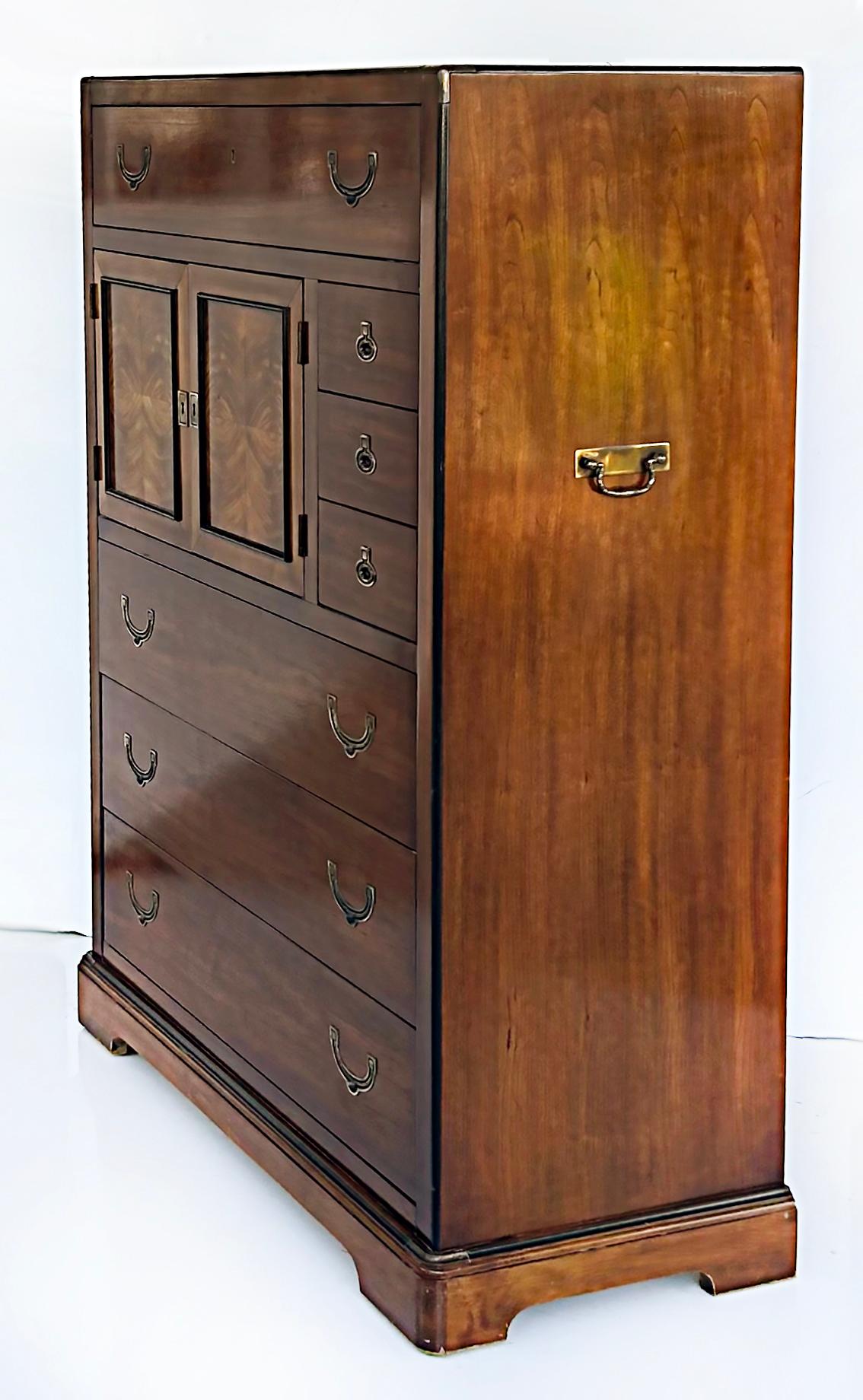 Midcentury National Mt. Airy Campaign Tall Chest of Drawers, Mahogany 

Offered for sale is a large, monumental mid-century modern tall chest of drawers by National Mt. Airy Furniture. The tall chest is made of solid mahogany with flamed mahogany