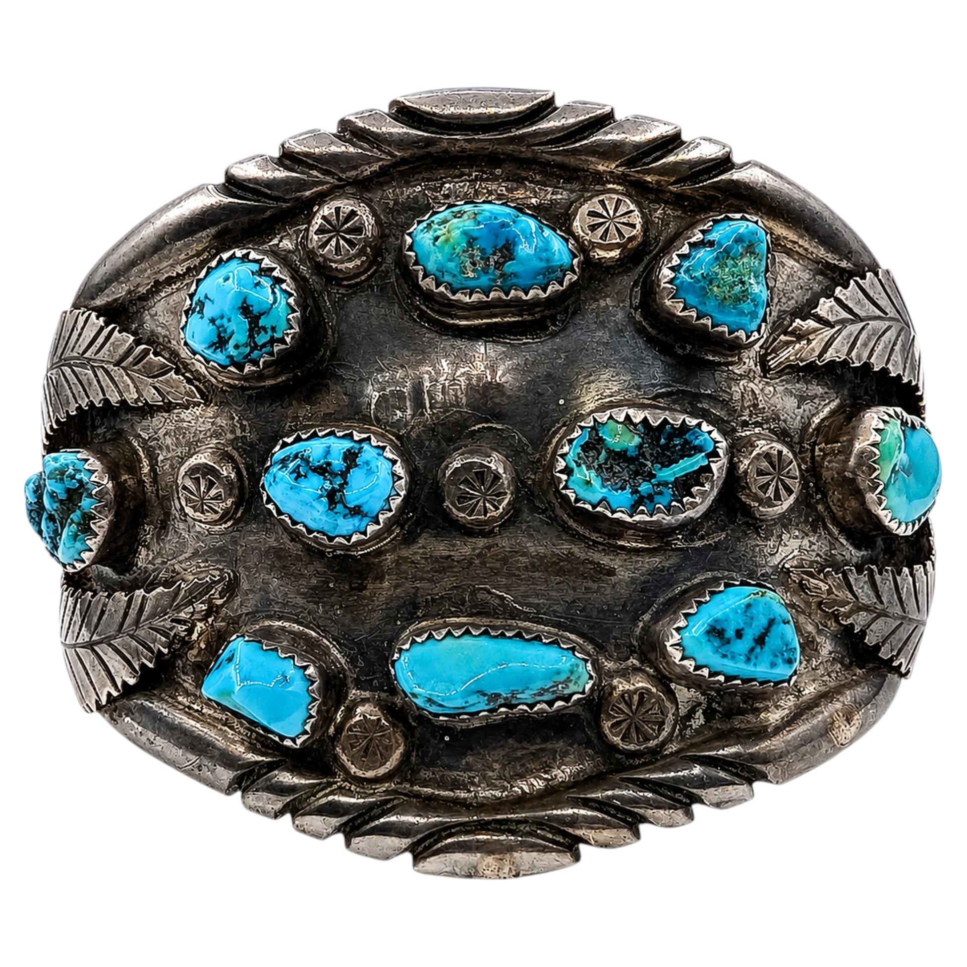 Mid-Century Native American Turquoise Cuff Bracelet in Sterling Silver