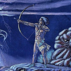 Mid-century Native Archer & Eagle Oil Velvet in Carved Frame by Ernesto Sanchez