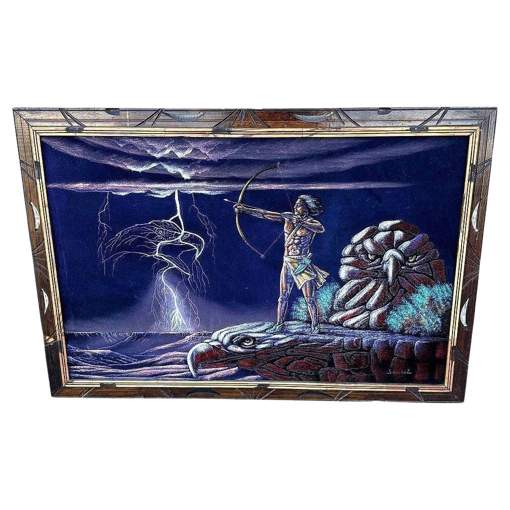 Mid-century Native Archer & Eagle Oil Velvet in Carved Frame by Ernesto Sanchez