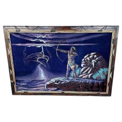 Velluto a olio Native Archer & Eagle di metà secolo con cornice intagliata di Ernesto Sanchez