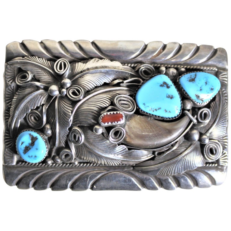 Boucle de ceinture en argent sterling de style américain du milieu du  siècle Navajo M Thomas Jr. Turquoise & - En vente sur 1stDibs