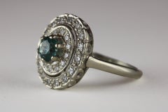 Mid-Century Natural Blue Zircon and Diamond Double Halo Cocktail Ring
