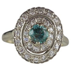 Mid-Century Natural Blue Zircon and Diamond Double Halo Cocktail Ring