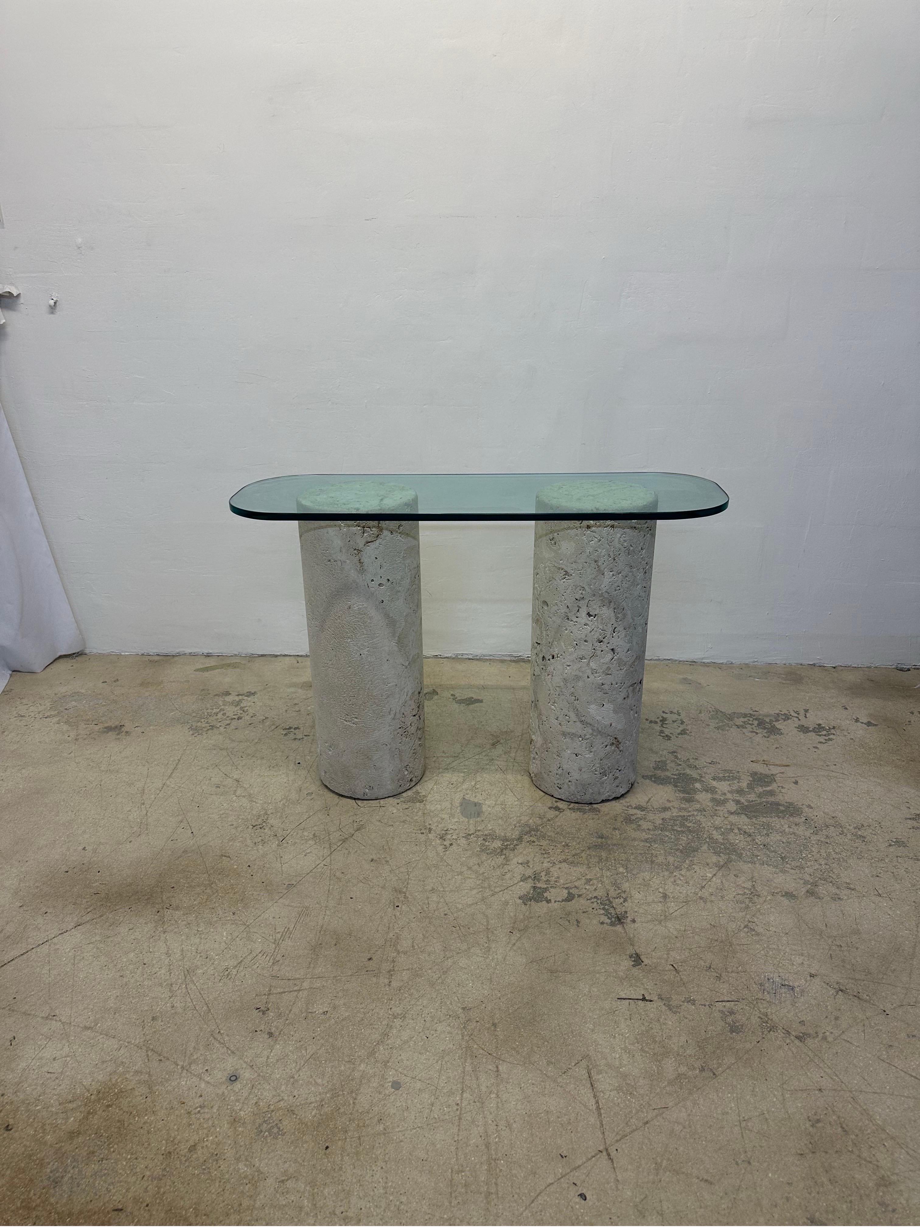 Mid-Century Natural Coquina Coral Stone and Glass Top Console Table For Sale 7