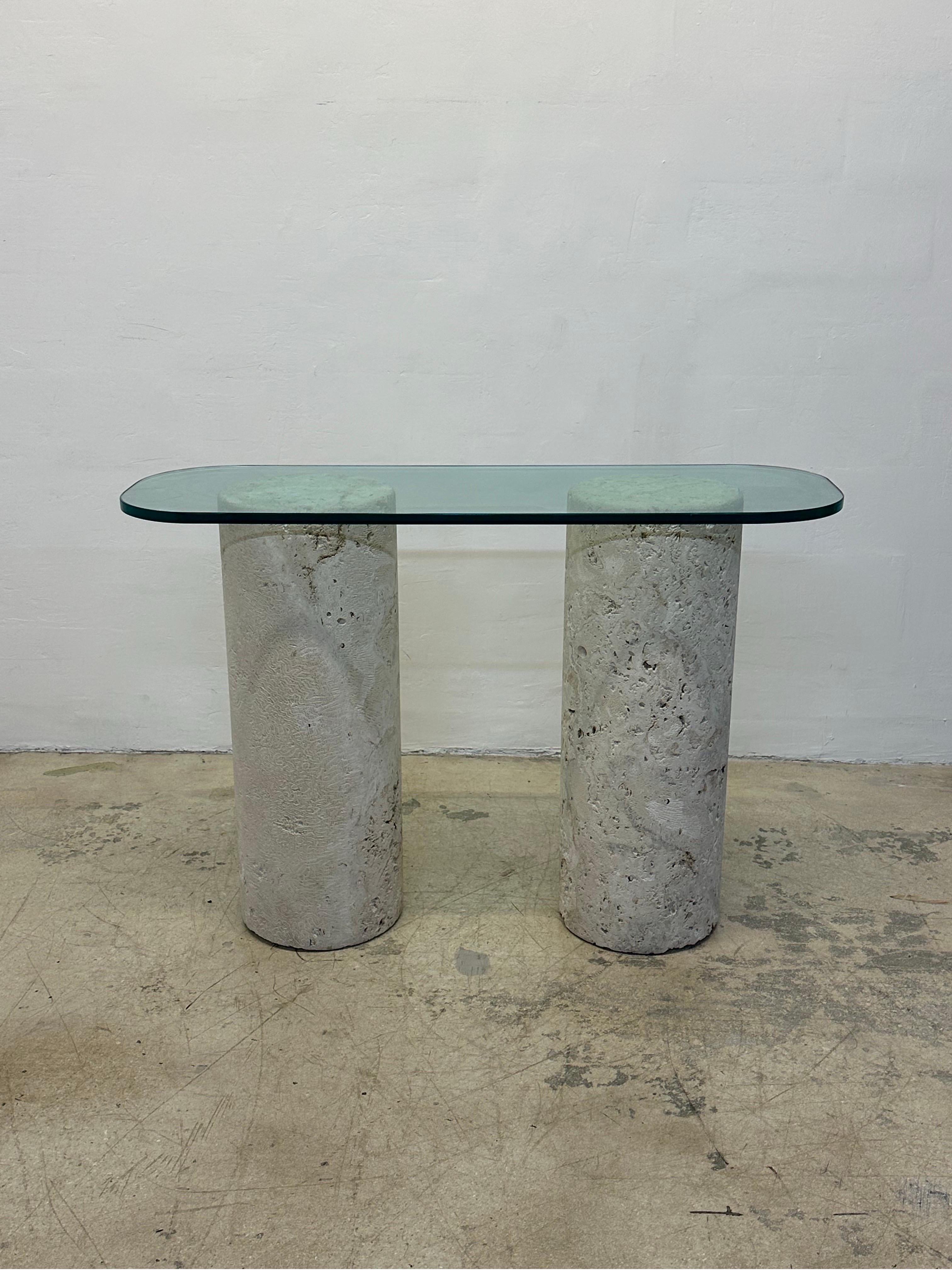 Coquina coral stone pillar console table with 3/4” polished edge glass top.  

Also available without glass top. Please see separate listing here:

1stDibs Ref: LU5392238957212
