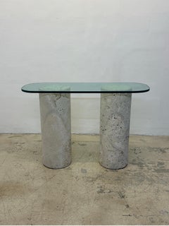 Mid-Century Natural Coquina Coral Stone and Glass Top Console Table