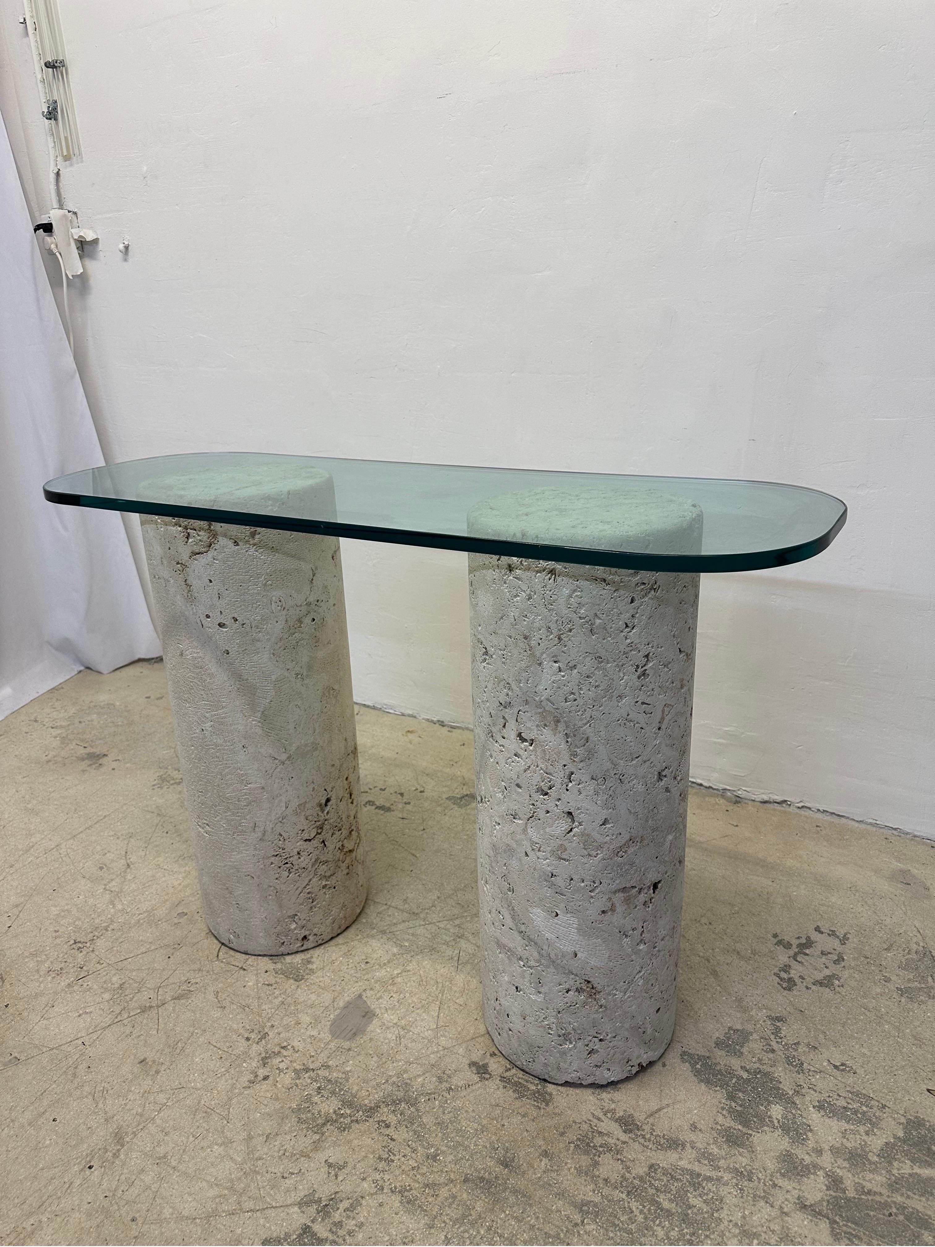 American Mid-Century Natural Coquina Coral Stone and Glass Top Console Table For Sale