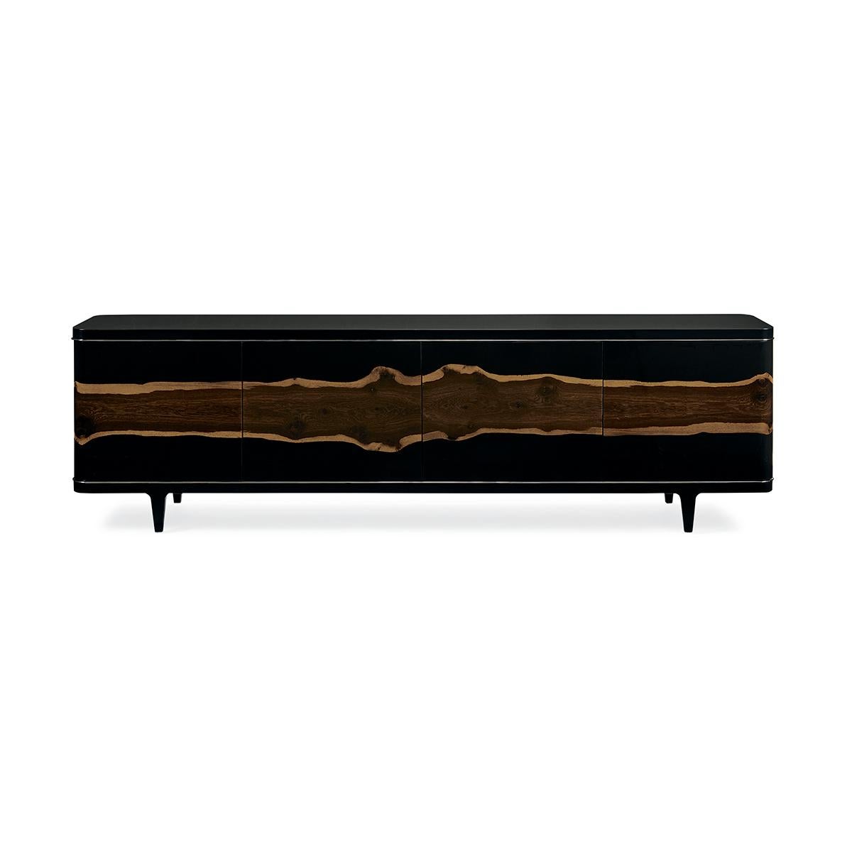 Mid Century Natural Entertainment cabinet. A 100-inch length of clean lines and graceful curves distinguish this exquisite entertainment consoles sleek silhouette that is finished in an elegant Piano Black and inset with an awe-inspiring live edge