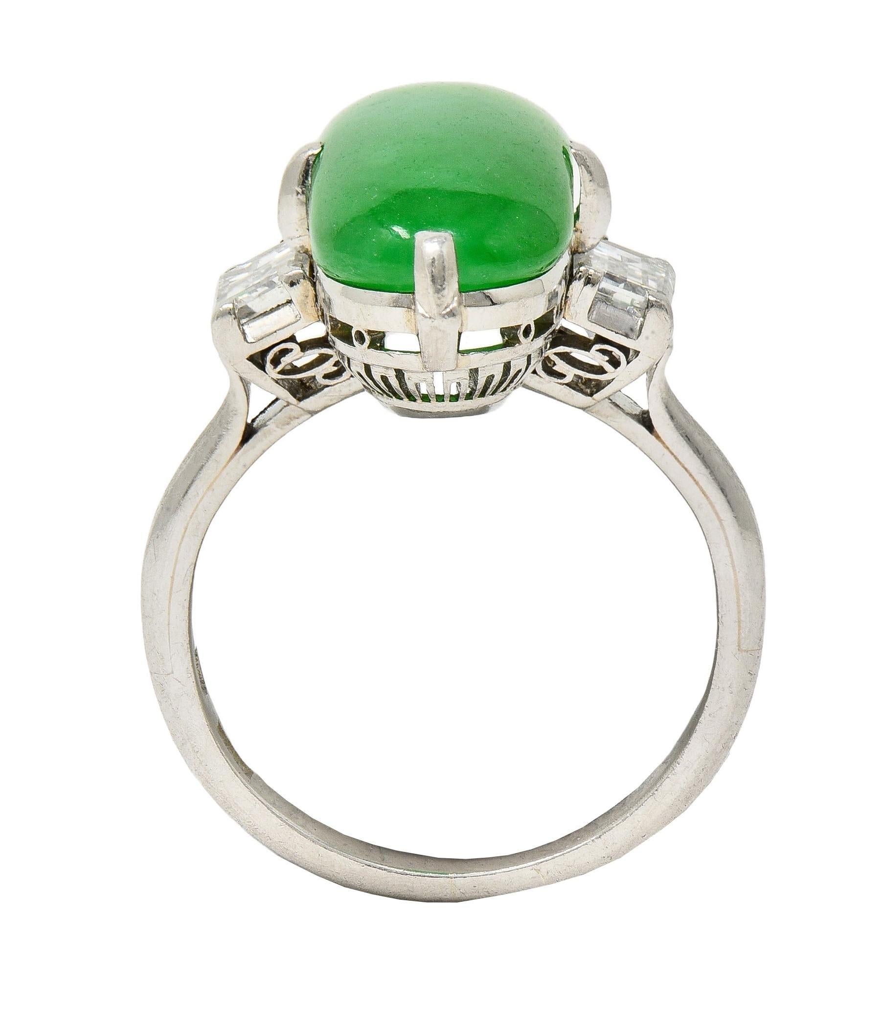 Mid-Century Natural Fei Cui Jadeite Jade Diamond Platinum Vintage Ring GIA For Sale 5