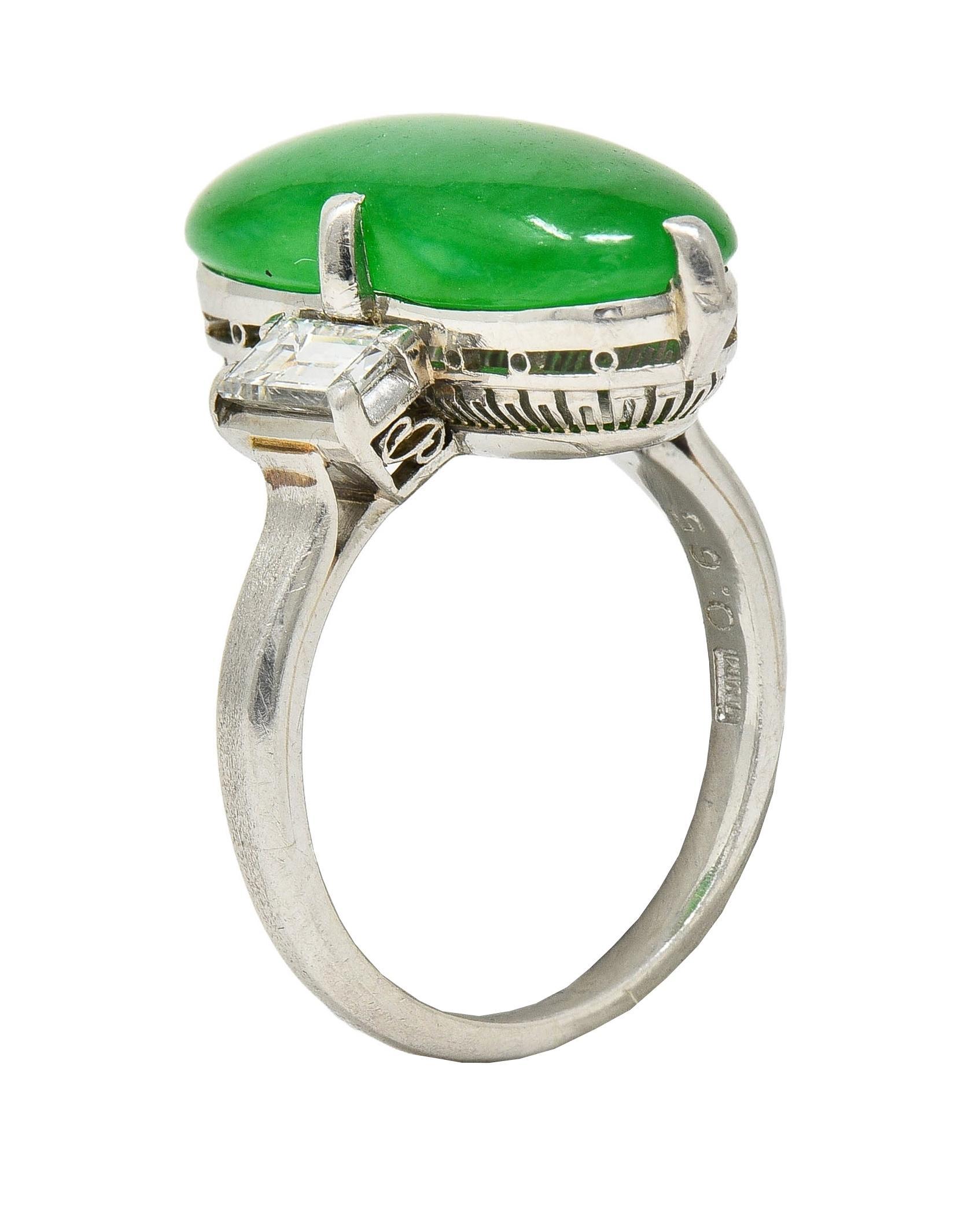 Mid-Century Natural Fei Cui Jadeite Jade Diamond Platinum Vintage Ring GIA For Sale 6