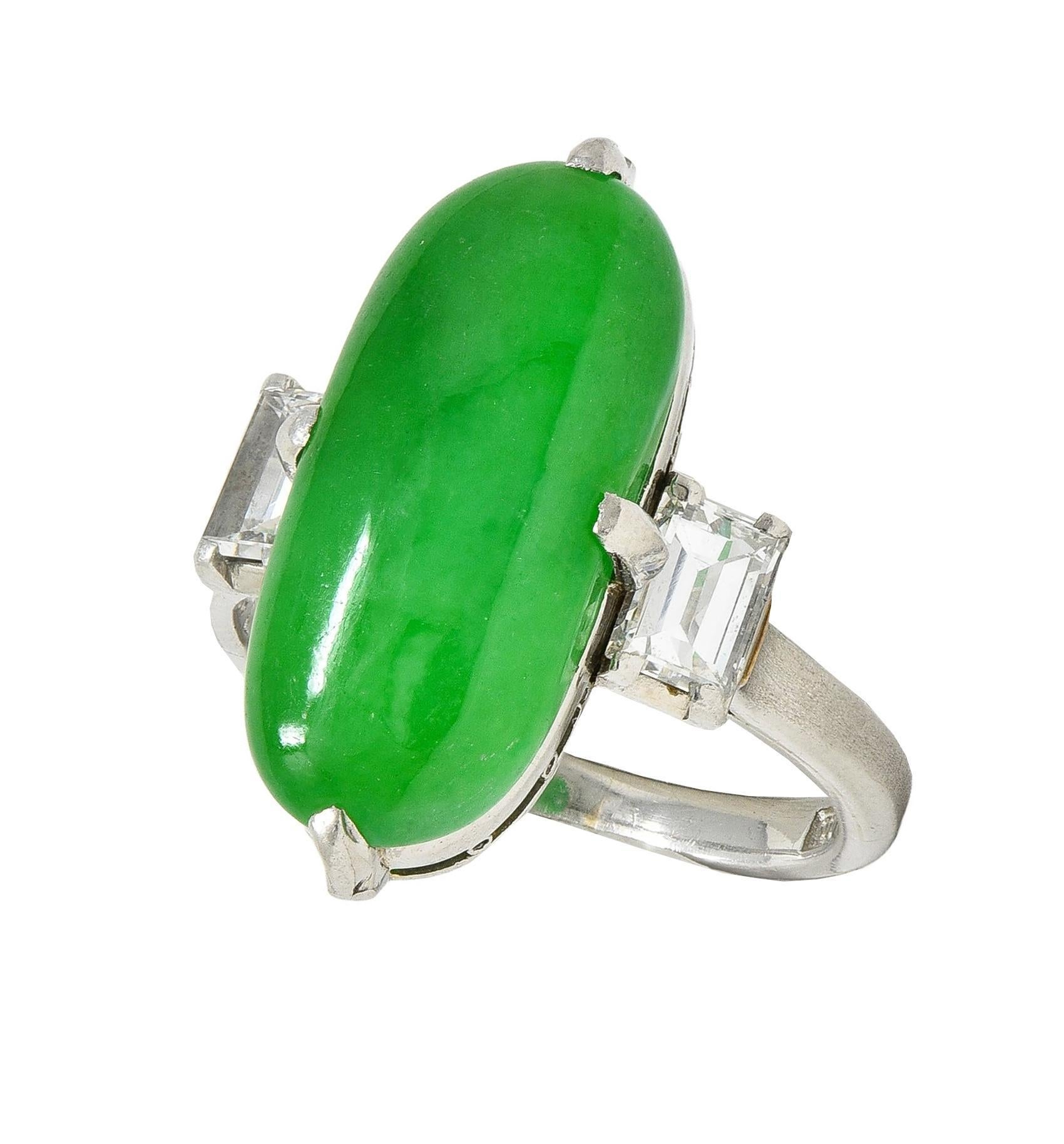 Mid-Century Natural Fei Cui Jadeite Jade Diamond Platinum Vintage Ring GIA For Sale 7
