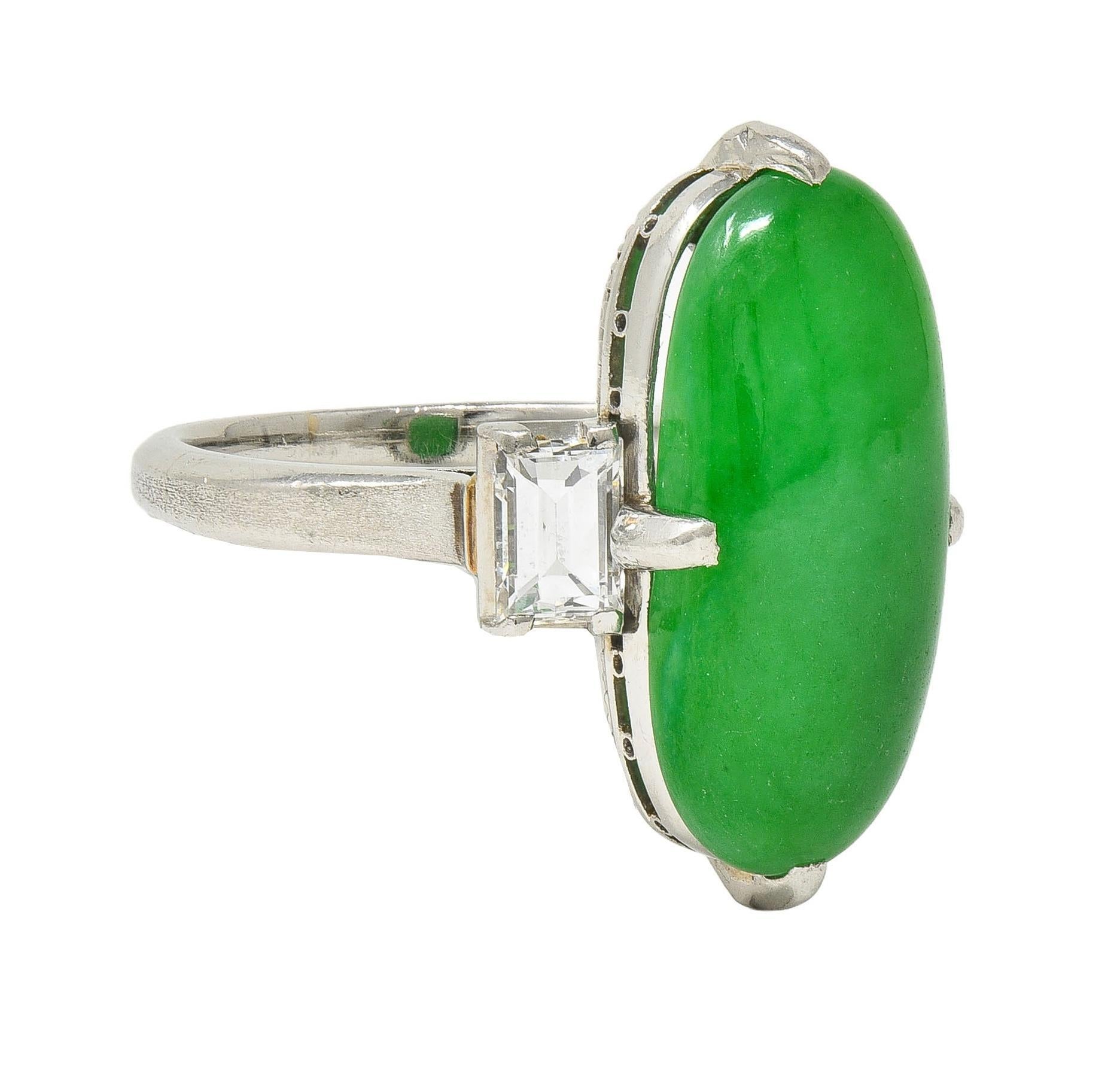 Cabochon Mid-Century Natural Fei Cui Jadeite Jade Diamond Platinum Vintage Ring GIA For Sale