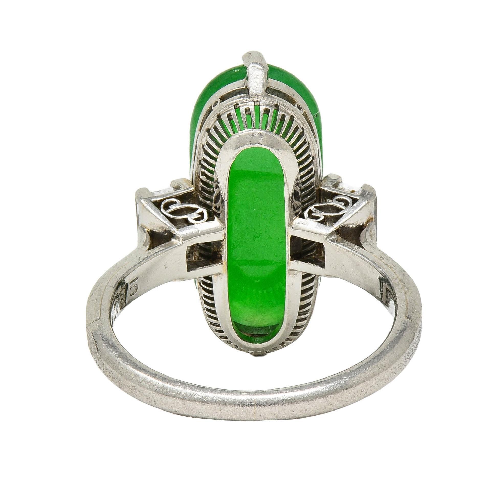 Women's Mid-Century Natural Fei Cui Jadeite Jade Diamond Platinum Vintage Ring GIA For Sale