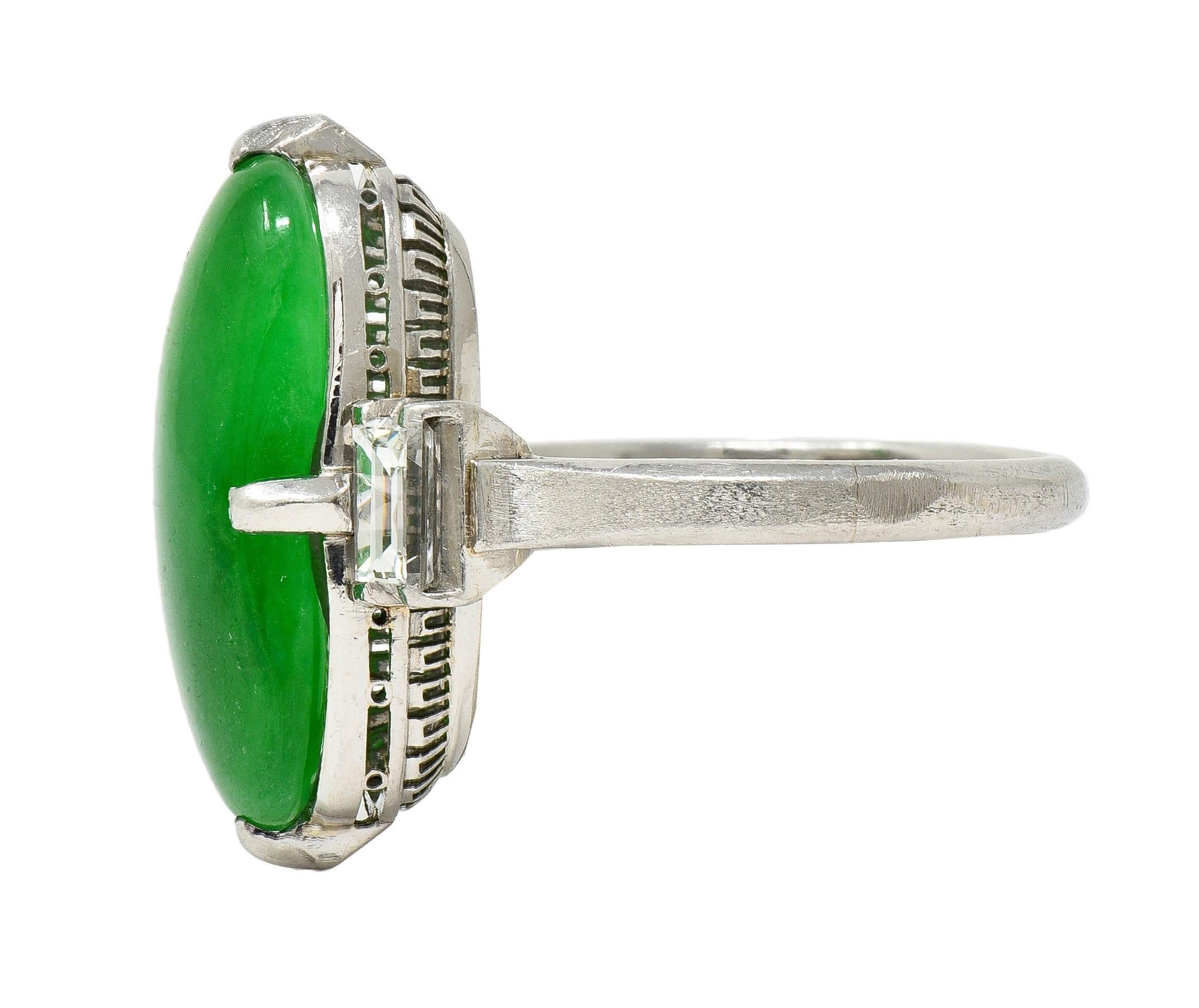 Mid-Century Natural Fei Cui Jadeite Jade Diamond Platinum Vintage Ring GIA For Sale 1