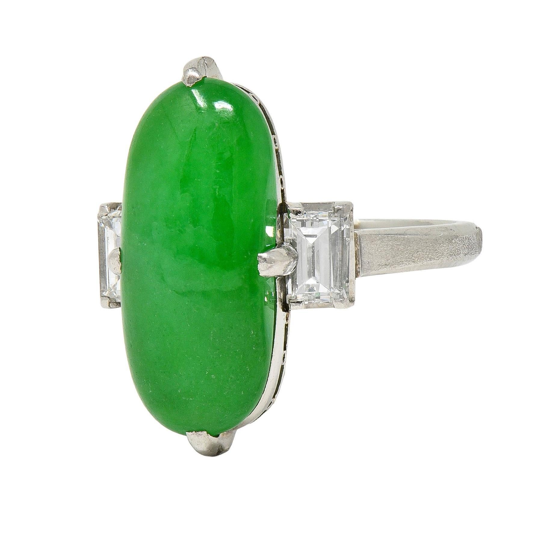 Mid-Century Natural Fei Cui Jadeite Jade Diamond Platinum Vintage Ring GIA For Sale 2