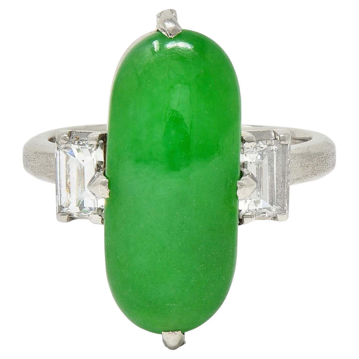 Mid-Century Natural Fei Cui Jadeite Jade Diamond Platinum Vintage Ring GIA