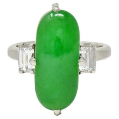 Mid-Century Natural Fei Cui Jadeite Jade Diamond Platinum Vintage Ring GIA