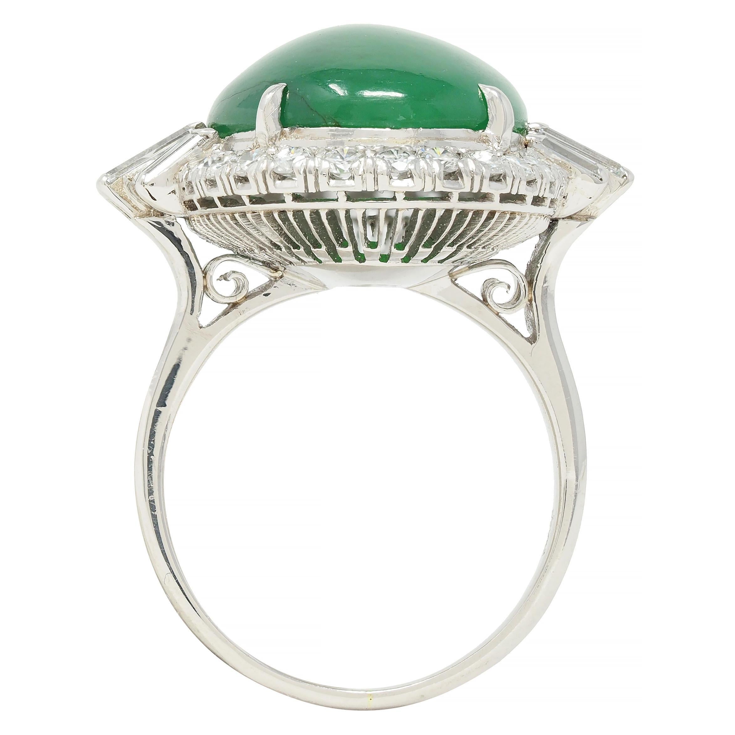 Mid-Century Natural Jadeite Jade Diamond Platinum Vintage Halo Ring GIA For Sale 5