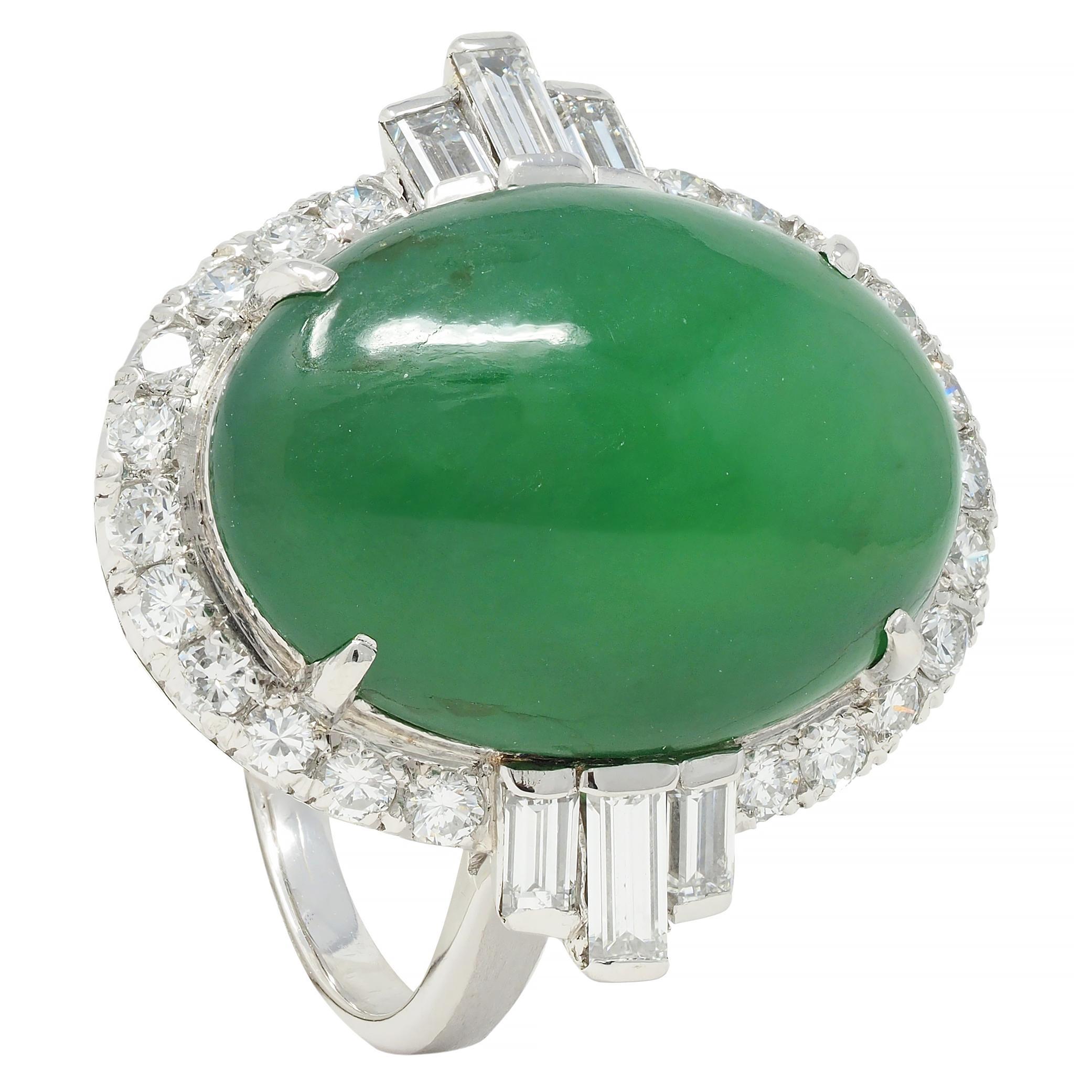 Mid-Century Natural Jadeite Jade Diamond Platinum Vintage Halo Ring GIA For Sale 6