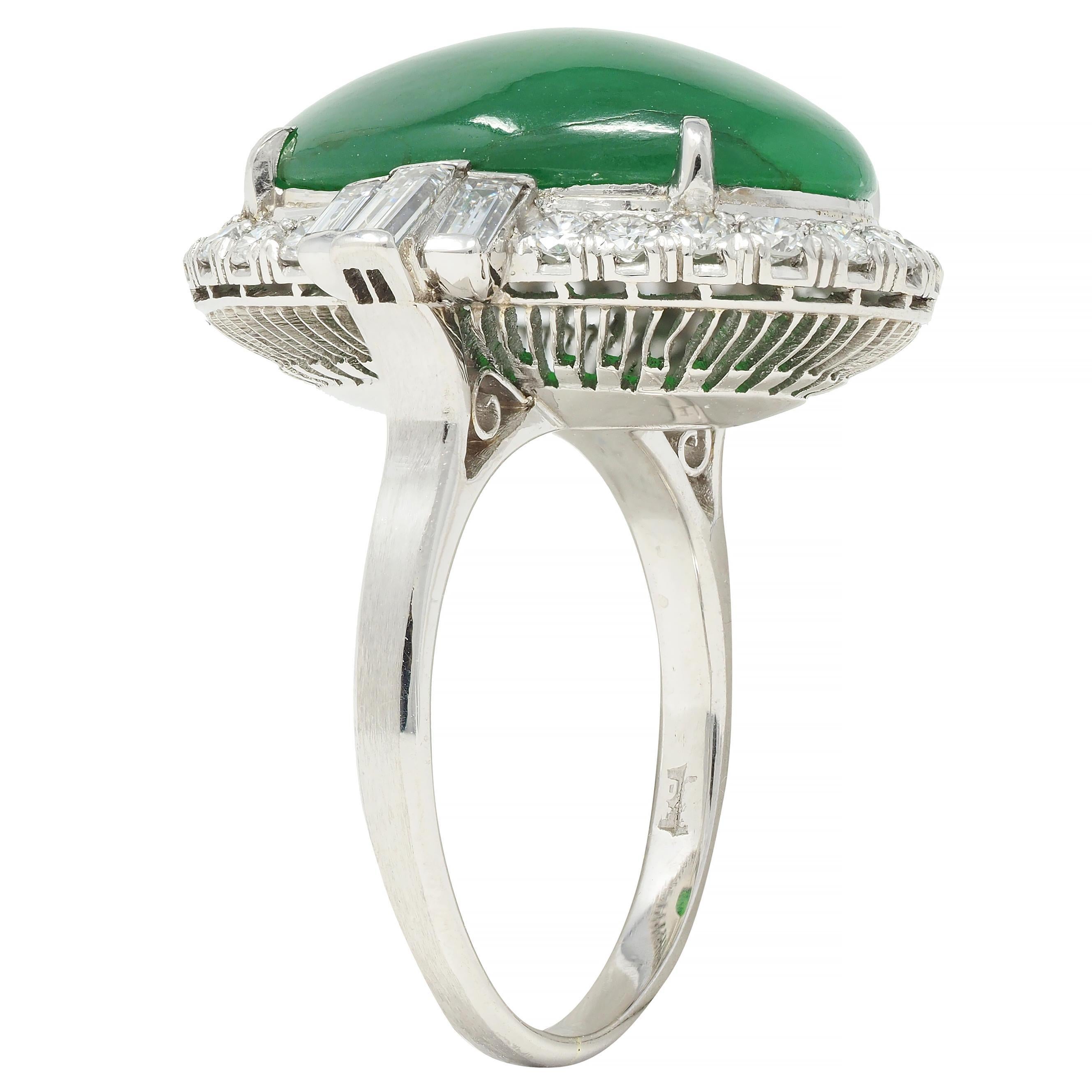 Mid-Century Natural Jadeite Jade Diamond Platinum Vintage Halo Ring GIA For Sale 7