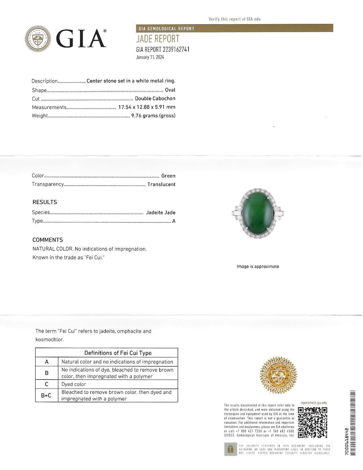Mid-Century Natural Jadeite Jade Diamond Platinum Vintage Halo Ring GIA For Sale 9