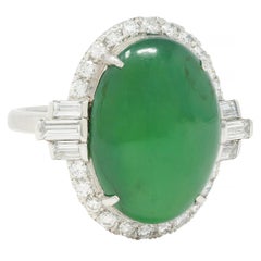 Mid-Century Natural Jadeite Jade Diamond Platinum Vintage Halo Ring GIA
