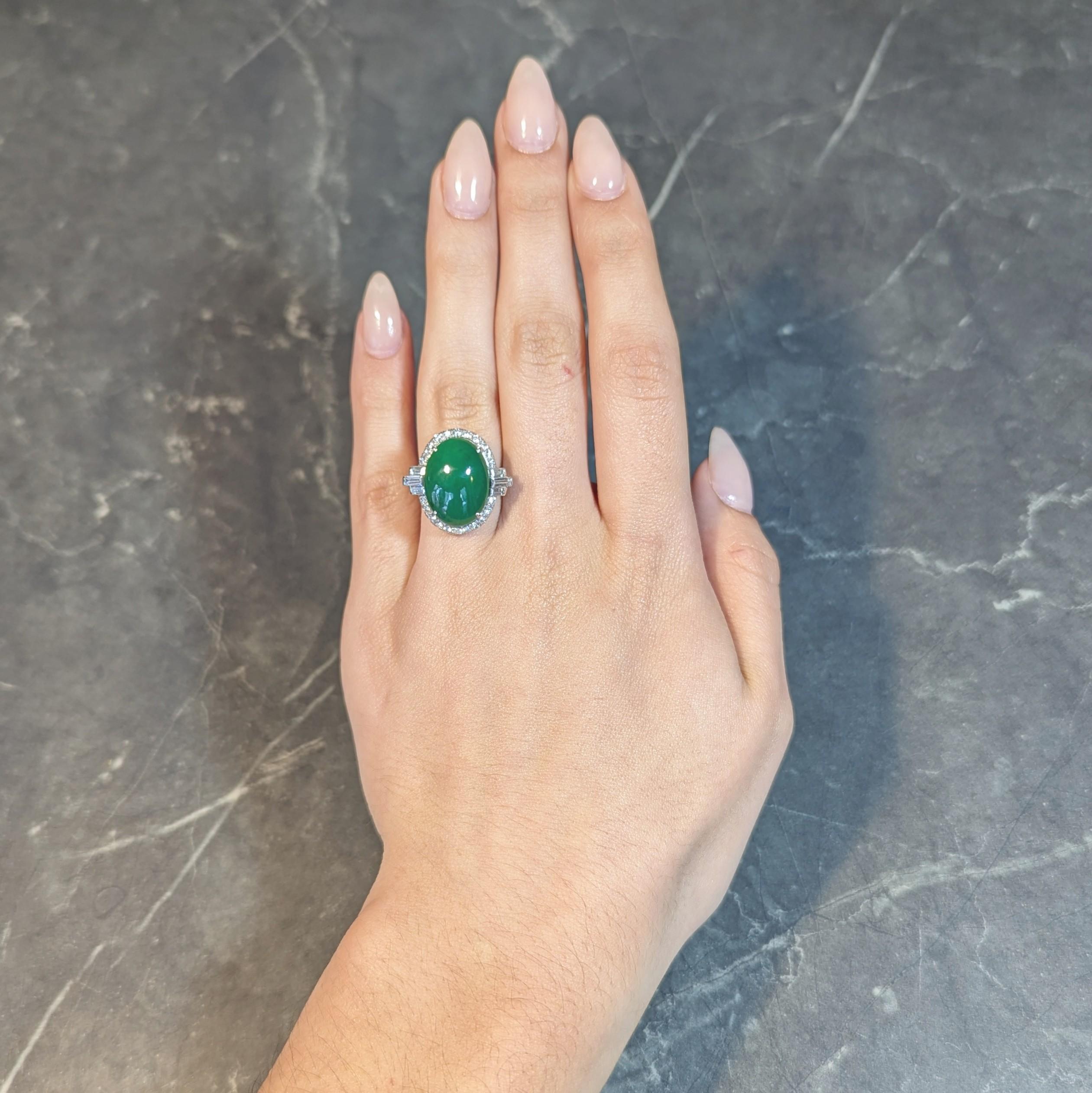 Cabochon Mid-Century Natural Jadeite Jade Diamond Platinum Vintage Halo Ring GIA For Sale