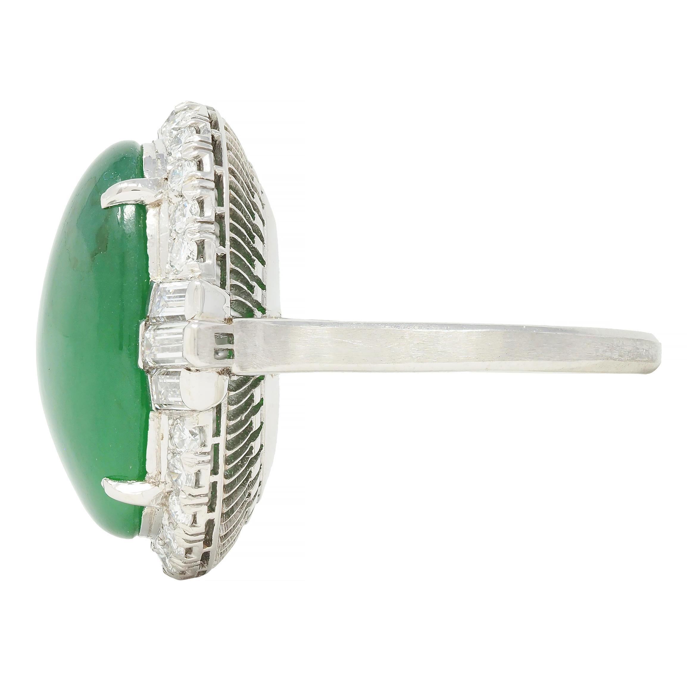 Mid-Century Natural Jadeite Jade Diamond Platinum Vintage Halo Ring GIA For Sale 1
