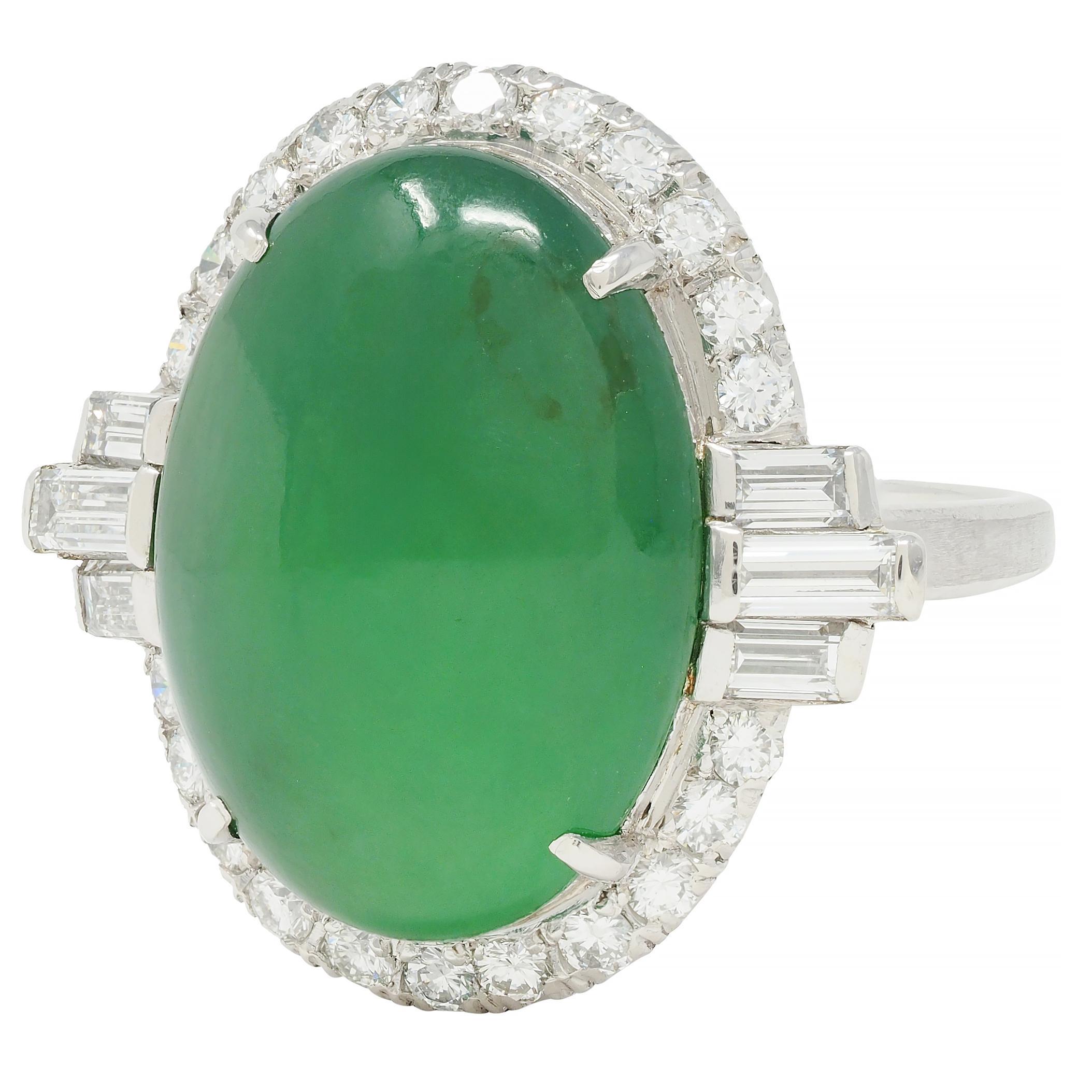 Mid-Century Natural Jadeite Jade Diamond Platinum Vintage Halo Ring GIA For Sale 2